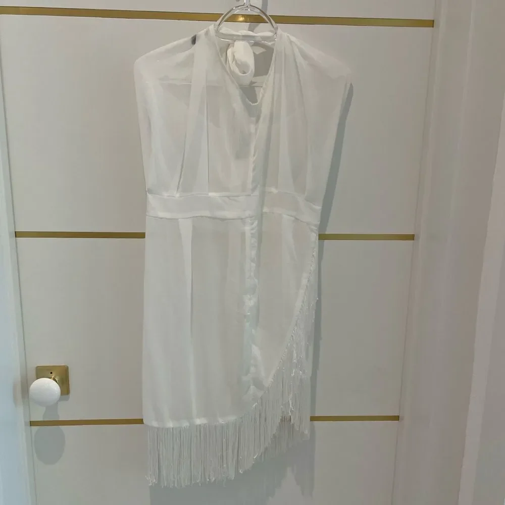 PRETTY LITTLE THING Swim Cover Up White Sheer Dress One Shouler with Fringe 6‎